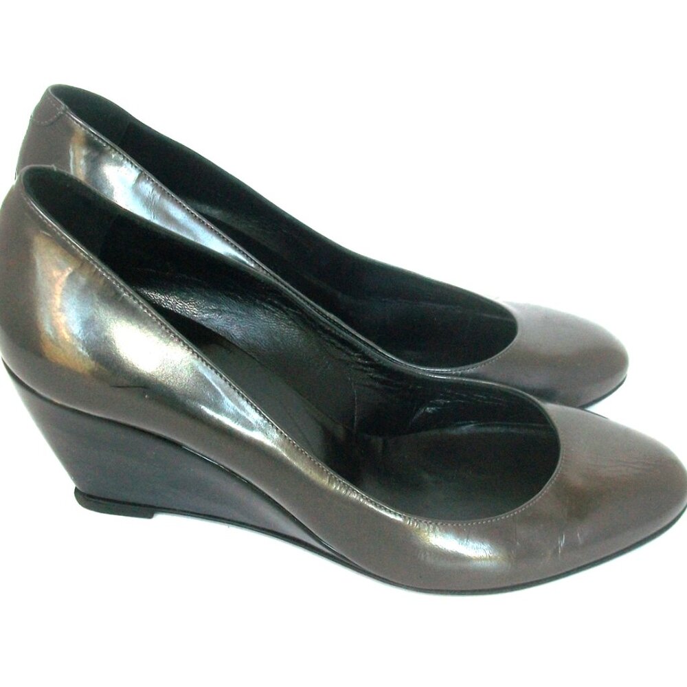 Pierre Hardy Paris Vtg Gunmetal Patent Pumps w BlackPatent Wedge Heels 7.5M $960